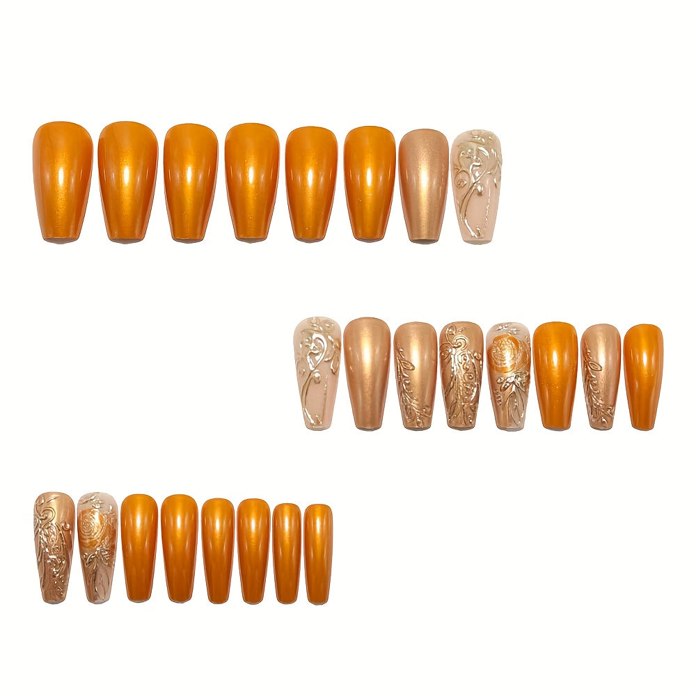 24 PCS Set Medium Pieces Ballet Fake Nails, Luxury Golden Embossed Rose Flower Wear Nail Design, Glazy Nail Patch Detachable Fake Nail