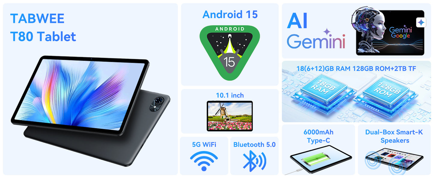 T80 Android 15 Tablet with Keyboard - 18 (6+12) GB RAM + 128GB ROM (2TB TF), 10-Inch Tablet, 6000mAh, 5MP + 2MP, Gemini AI, 5G Wi-Fi, GPS, Face ID