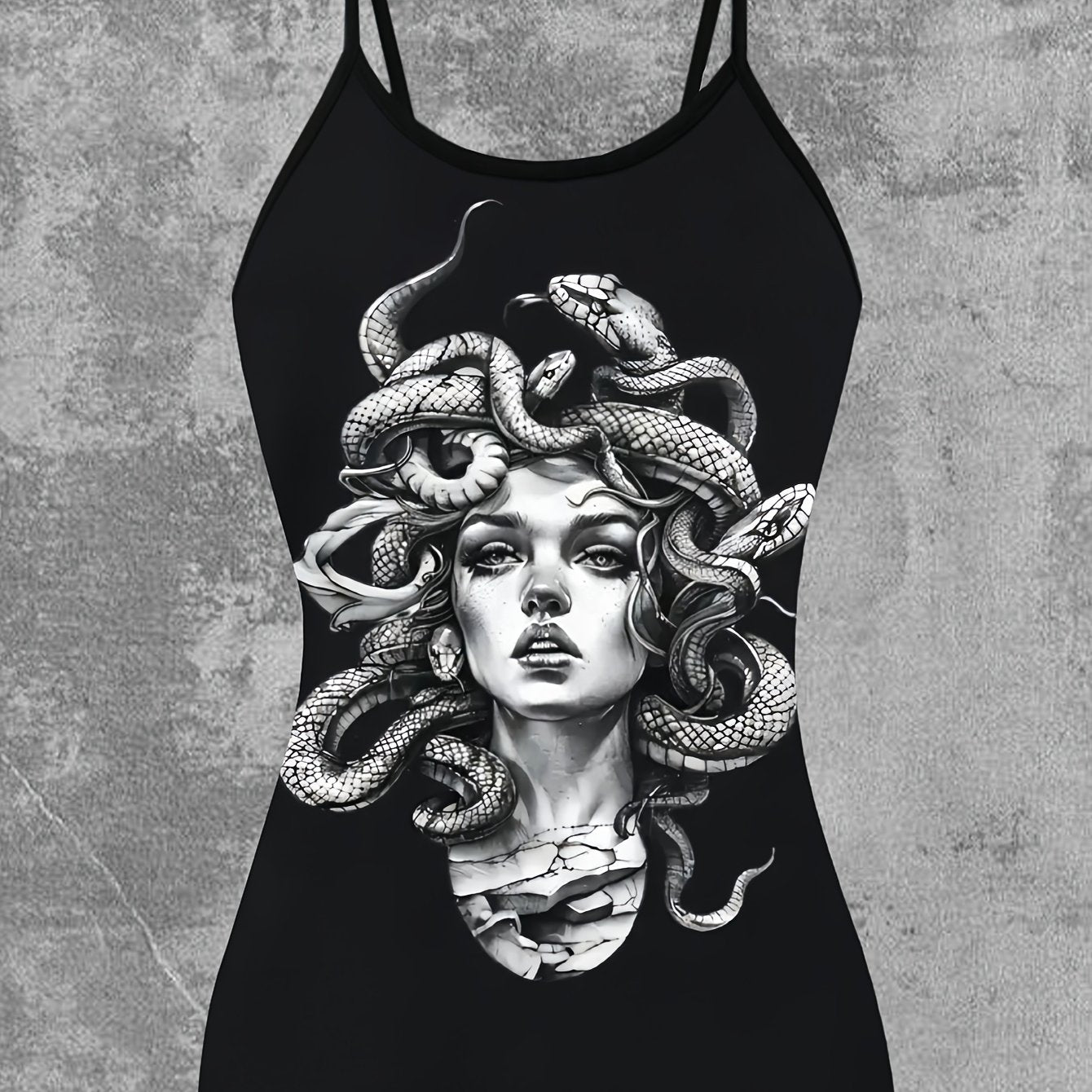 Women's Greek Goddess Medusa Print Sleeveless Dress-like Top - Greek Key & Medusa Design, Black & Green Summer Blouse, Machine Washable Elegant Casual to Party Wear, Backless Tops For Women, Backless Blouse, Festival Tops, Ba