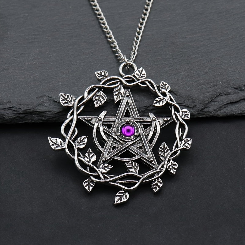 Vintage Pentagram Leaf Mosaic Purple Gemstone Pendant Necklace Women Fashion Wedding Party Gothic Jewelry Gifts