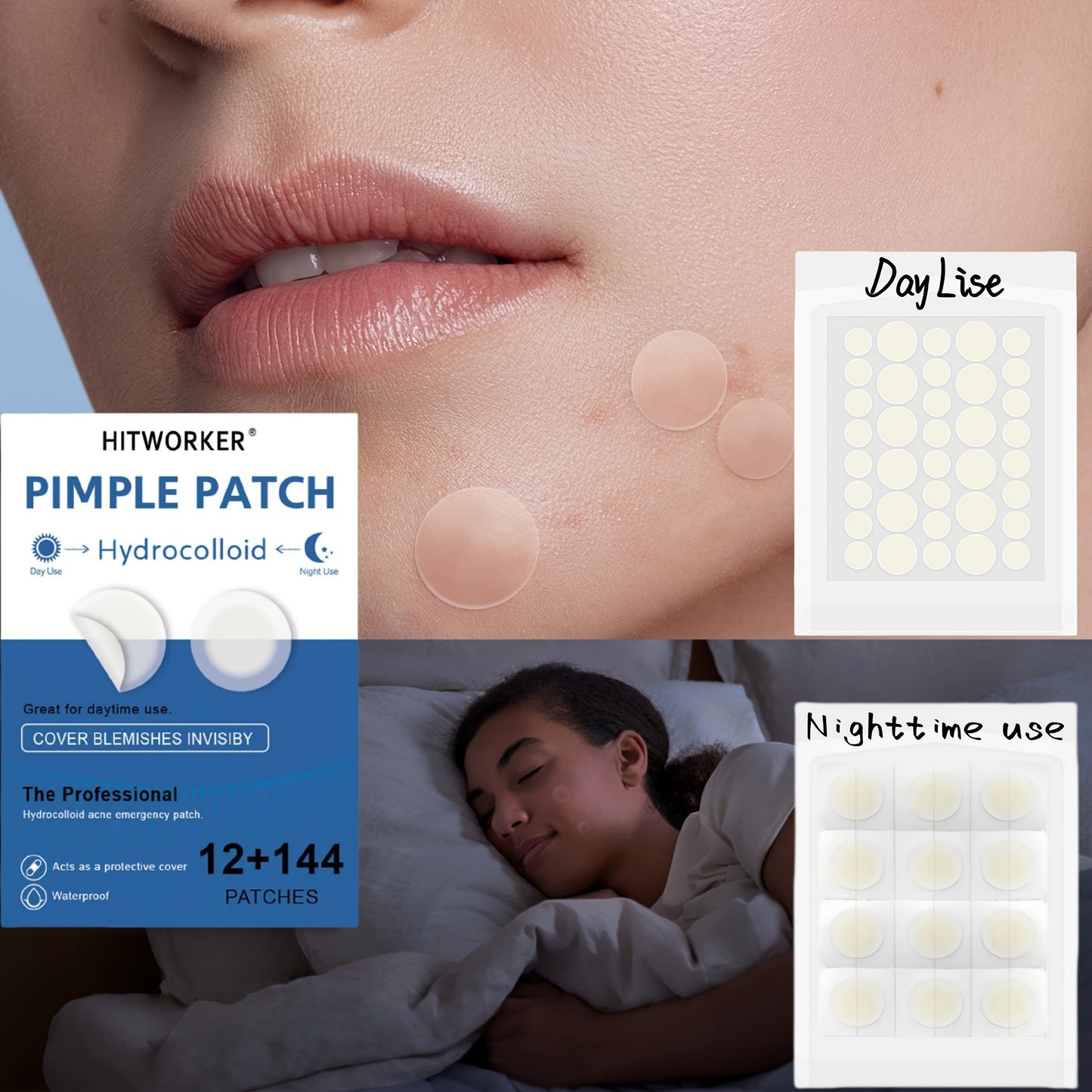 156 PCS Set of Day and Night Hydrocolloid Patches - Mild and Non-irritating, Cover and Blemishes - Essential for Facial Skin Care, Dust-free Paper Plastic Bag Sealed Packaging, Skin Care, Suitable for All Skin Types