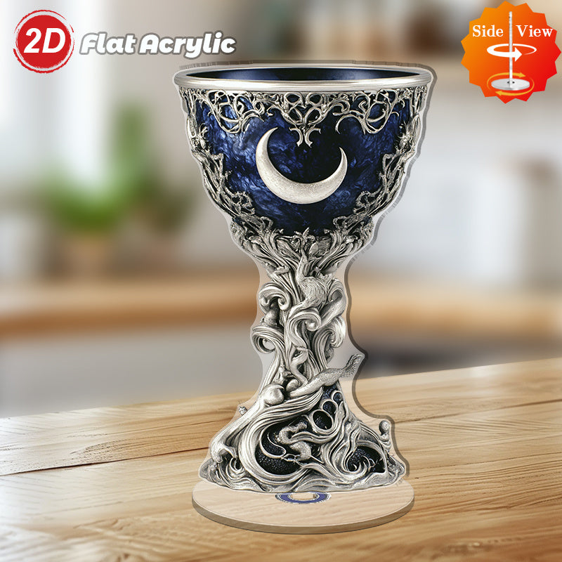 2D Flat Spinning Acrylic Tabletop Decor Featuring A Mystical Chalice Secret Society Sacred Ceremonies with Azure Interior And Silvery Filigree for Enchanting Home Or Office Settings