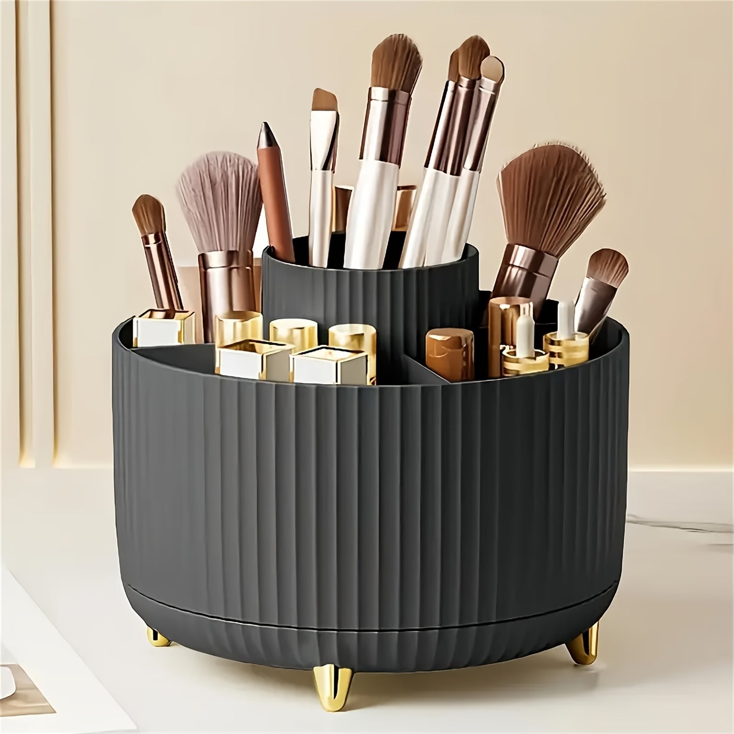 5 Colors 360° Rotating Makeup Organizer - 1pc Plastic Cosmetic Storage with 5 Compartments - Multi-Functional Holder for Brushes, Lipsticks, Skin Care Products, and Stationery - Durable Unscented Desk Caddy with Luxury Strip