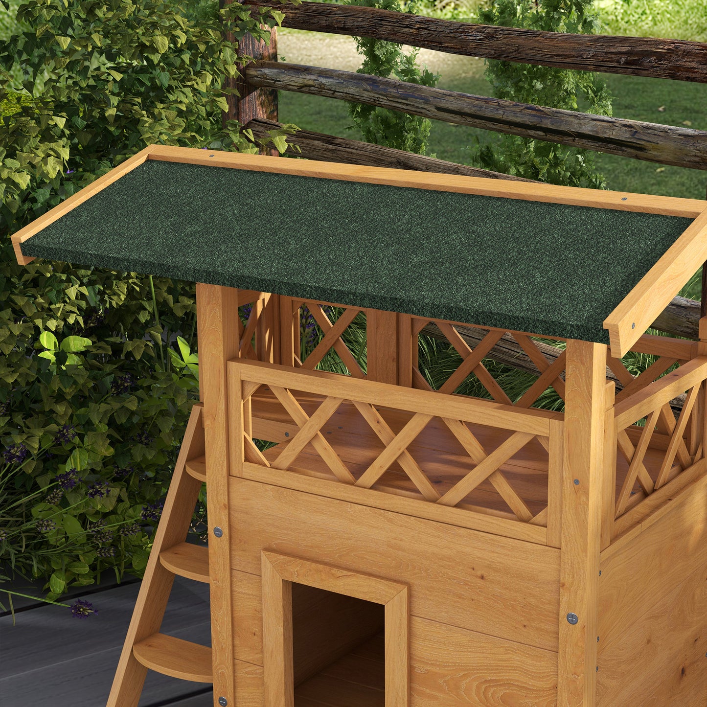 Outdoor Cat House Kitten Shelter Puppy Kennel with Balcony Stairs Asphalt Roof, 77 x 50 x 73 cm