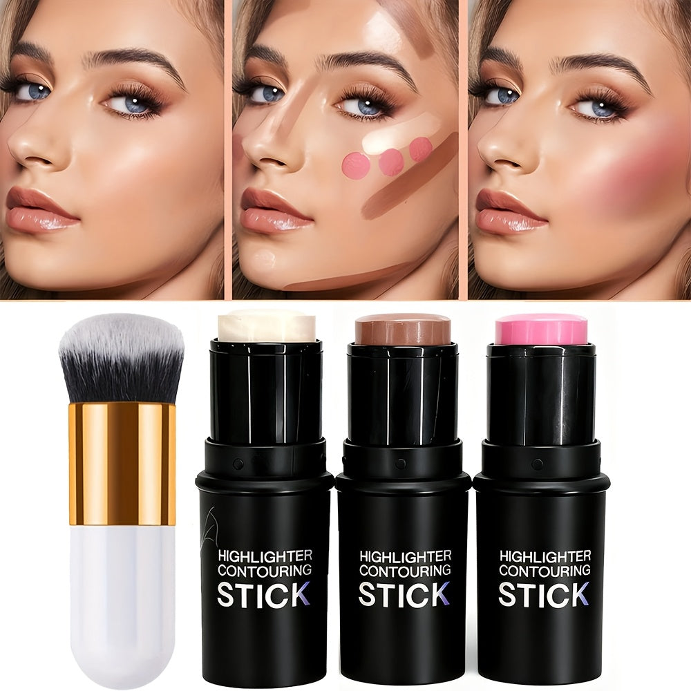 4 PCS Set  Contour Stick with Highlighter, Blush, Bronzer & Golden Powder Brush - Waterproof Cream for All Skin Tones, Buildable Coverage, Sculpting & Highlighting for Face - European Formula