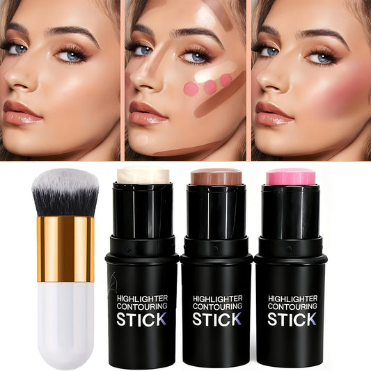 4 PCS Set  Contour Stick with Highlighter, Blush, Bronzer & Golden Powder Brush - Waterproof Cream for All Skin Tones, Buildable Coverage, Sculpting & Highlighting for Face - European Formula
