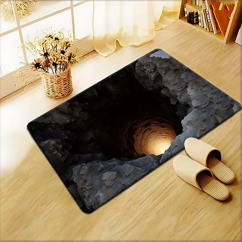 2D Optical Visual Illusion Deep Cave Themed Doormat, Soft Flannel Welcome Mat with Non-Slip Feature, Outdoor Carpet for Entryways, Machine Washable, Foldable, Durable Polyester Fiber, Suitable for Bathrooms, Kitchens, Living