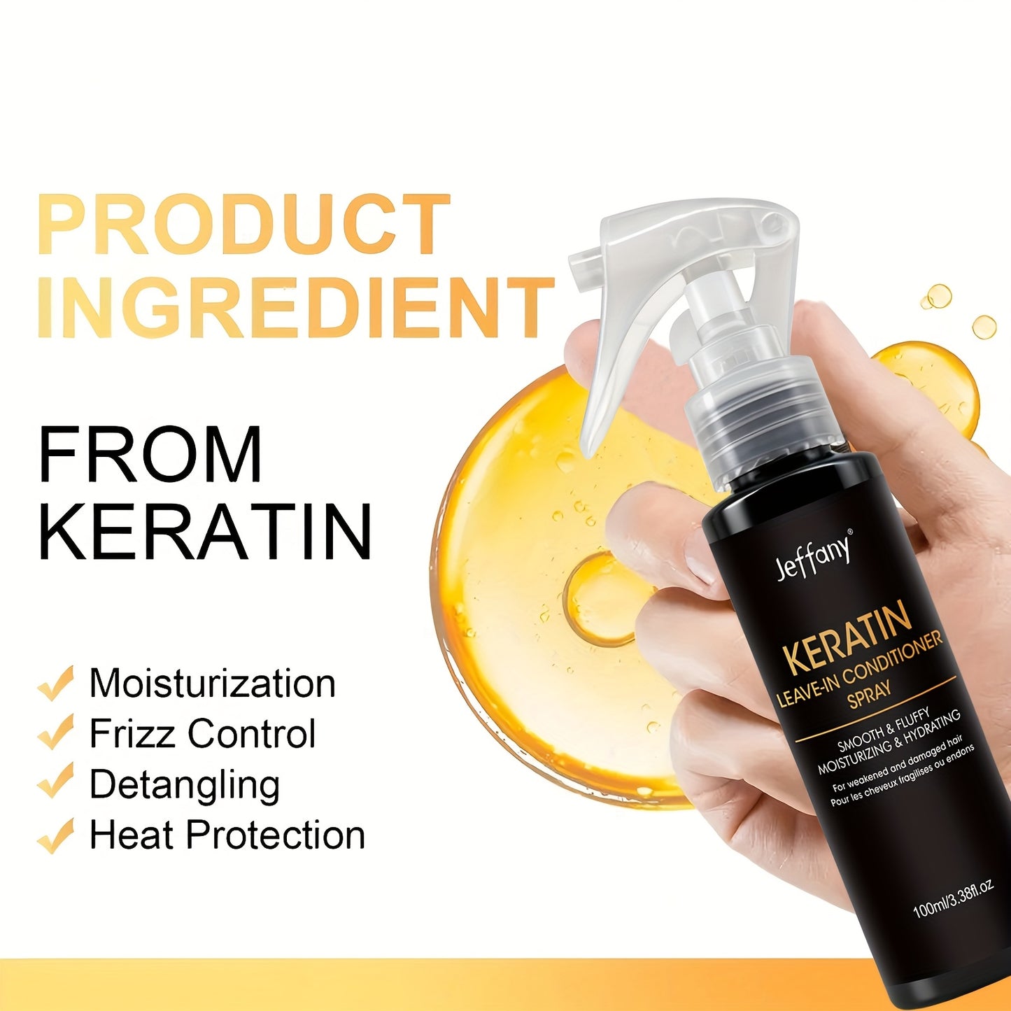 3.38 Fl. Oz. Instant Smoothing 10-In-1 Keratin Leave-In Conditioner Spray, Enriched with Keratin, Biotin, Castor Oil, And Coconut Oil – Smooths Frizz, Breakage, And Provides Protection. Suitable for Long Straight Hair, Curl