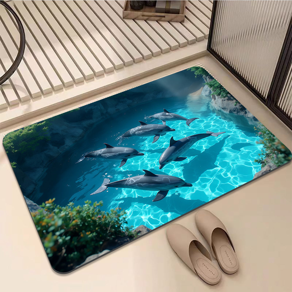 Crystal Velvet Non-Slip Ocean-Themed Bath Compatible for Shower Bathtub - Dolphin & Turquoise Sea Design Soft Bath Mat with Non-Slip Backing, Aquatic Mat Suitable for Bathroom, Kitchen, Laundry Room