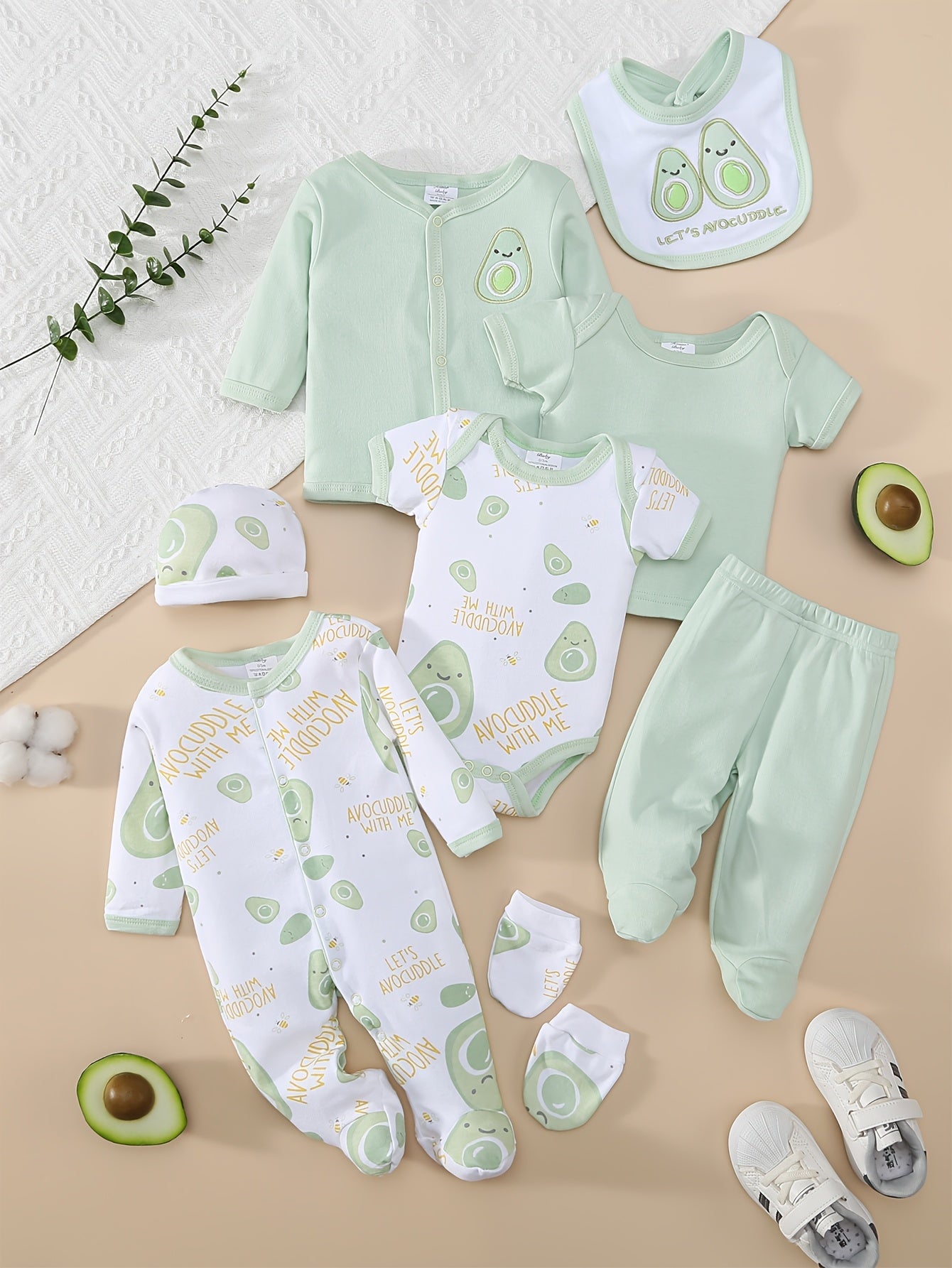 8pcs Set for Boys And Girls Featuring a Comfortable And Soft Cartoon Avocado Print for Spring And Summer, Including Long Romper, Hat, Bib, Socks, Pants, Jacket, Top, And Triangle Bodysuit, for Outdoor