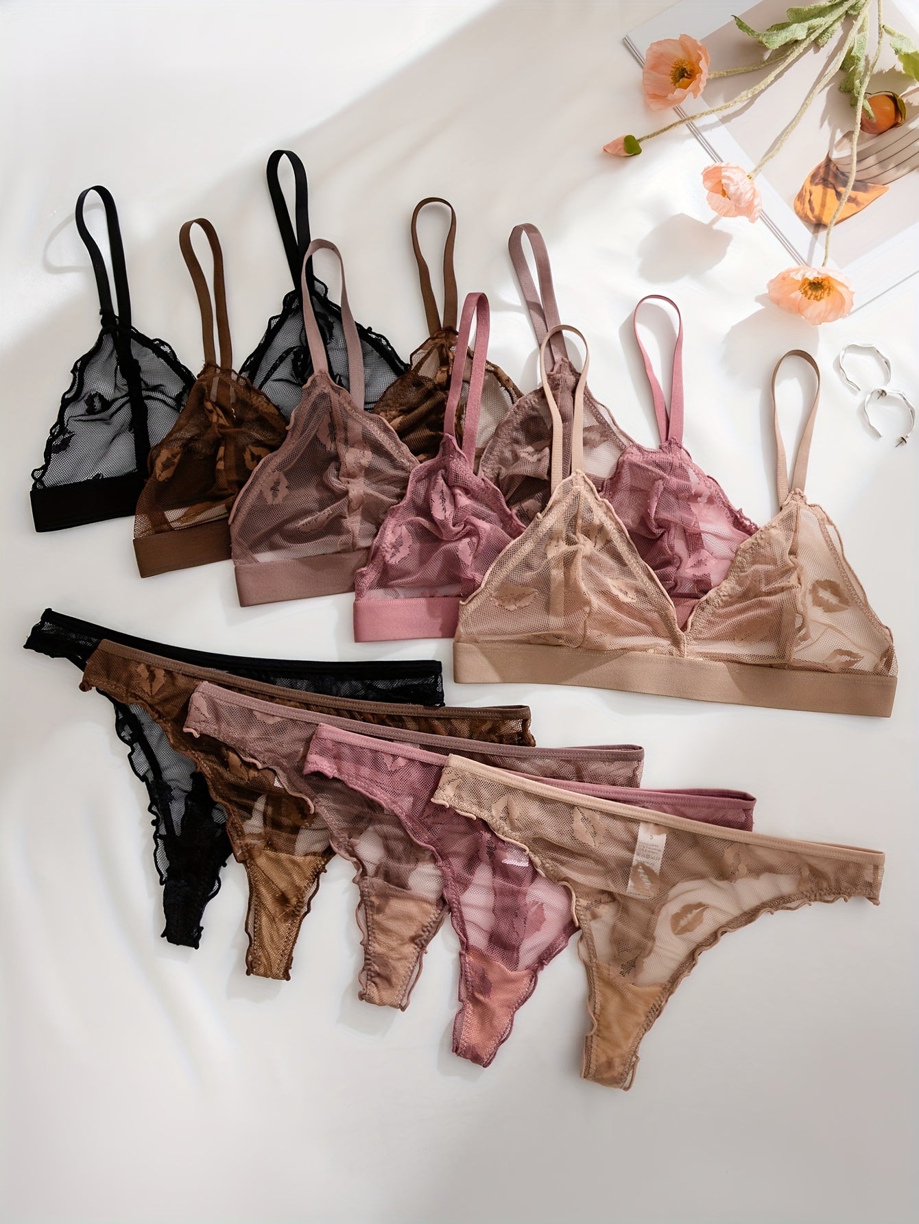 5pcs Women's Full-figured Wire-Free Ruffle Trim Lace-Like Semi-Sheer Bra & Panty Set - Soft Comfortable Underwear Collection, Mature Female Shaping Briefs, Hand Washable (No Dryer), 5pcs Lingerie Ensemble