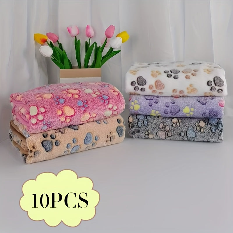 10pcs Soft Pet Blanket Set, All-Season Use - Machine Washable with Paw Pattern - Multifunctional Pet Mat for Small and Medium Dogs and Cats