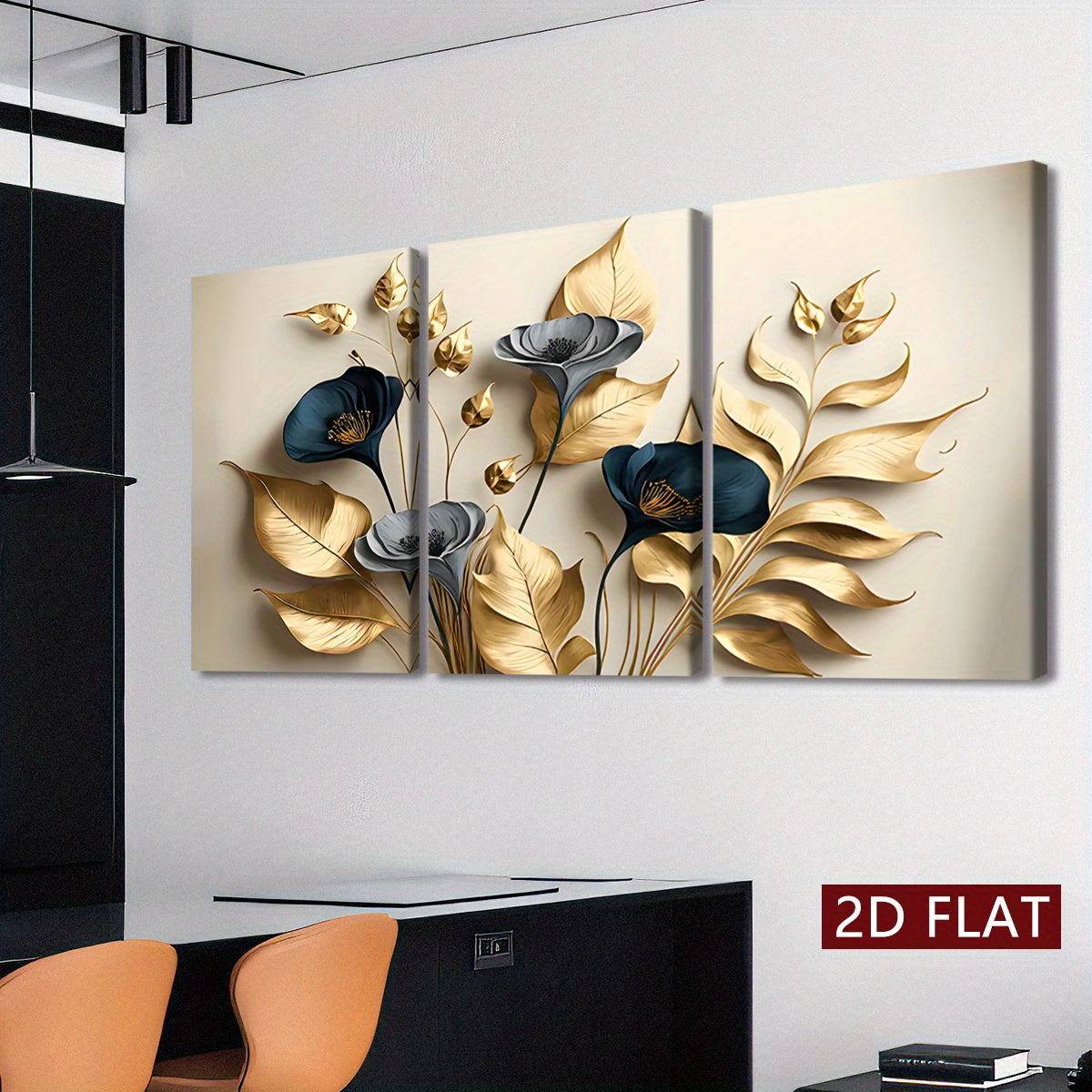 [2D Flat] Three Wooden Frame Canvas Wall Art - Modern Abstract Design Featuring Golden Leaves And Flowers, High-Definition 8K Odorless Indoor Wall Decoration, Suitable for Living Rooms, Bedrooms, And Offices - Contemporary Ho