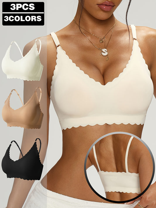 3 PCS Set  Women's wave seamless bra Earth Colors High comfort bra Removable chest pad adjustable shoulder strap bra Breathable no-wire bra Soft V-neck yoga running Women's underwear Suitable for dating leisure daily four sea