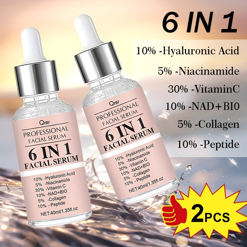 This Set Includes 2 Bottles of 6 IN 1 Facial Serum, Featuring Hyaluronic Acid, Collagen, Niacinamide, Peptides, And NAD+BIO. It Offers a Firming And Moisturizing Formula Suitable for All Light Skin Tones, Is Non-Irritating, A