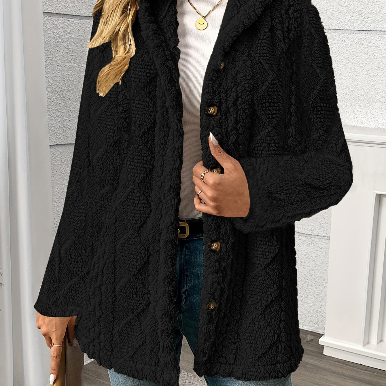 4 Colors Women's Elegant Rhombus Texture Hooded Teddy Bear Jacket - All-Season Button-Front Coat with Side Pockets, Soft Plush Fabric, Machine Washable, Versatile Casual to Formal Outerwear, Everyday Comfort Wear, Durable But