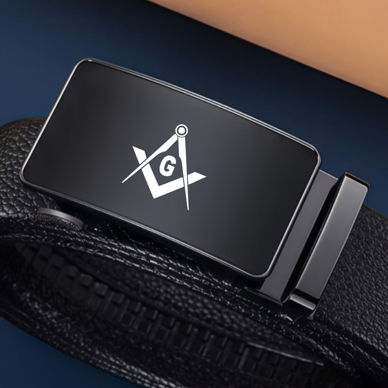 Freemason G-Inspired Pattern Men's Business Leather Belt, Fashionable Automatic Buckle for Secure and Effortless Wear, A Must-Have for Gentlemen, Suitable for Commuting and Travel, High Quality Belt