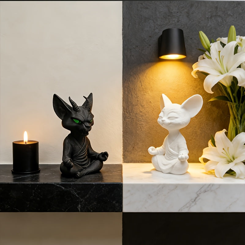 2 PCS Black and White Cat Set Zen Dual Face Cat Statue - Black & White Meditation Figurine with Dual-Sided Zen/Buddha Expression, Plastic Suitable for Home Office Desk Decor, Zen Gift for, Minimalist Tabletop Decoration