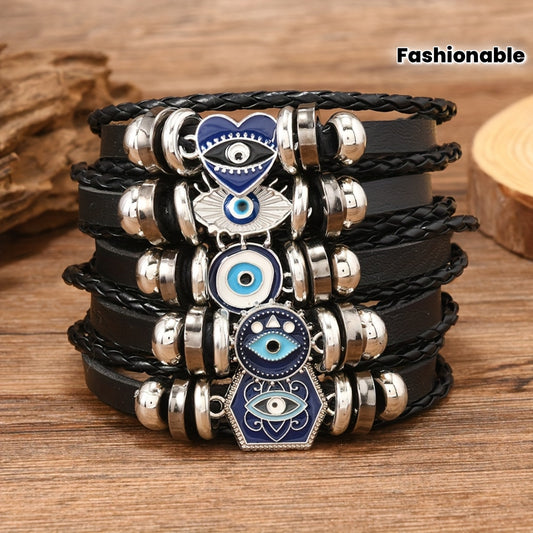 NEW 5 PCS Set of Different Glasses Devil Flower Additions PU Leather Women Girls Men's Hip-Hop Trendy Bracelet Set Adjustable Bracelet