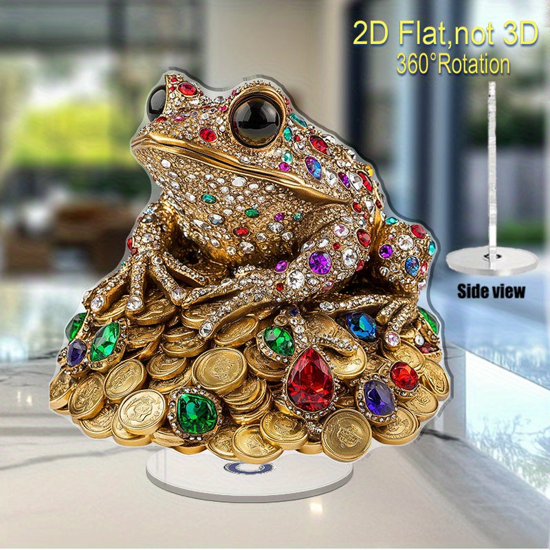 NEW Arrivals 2D Flat, 2D Flat Print Rotate Acrylic Ornament Featuring A Mesmerizing Jeweled Frog Atop Gleaming Golden Coins Ideal for Elevating Your Home Decor Gifting for Special Occasions Or Unique Celebrations