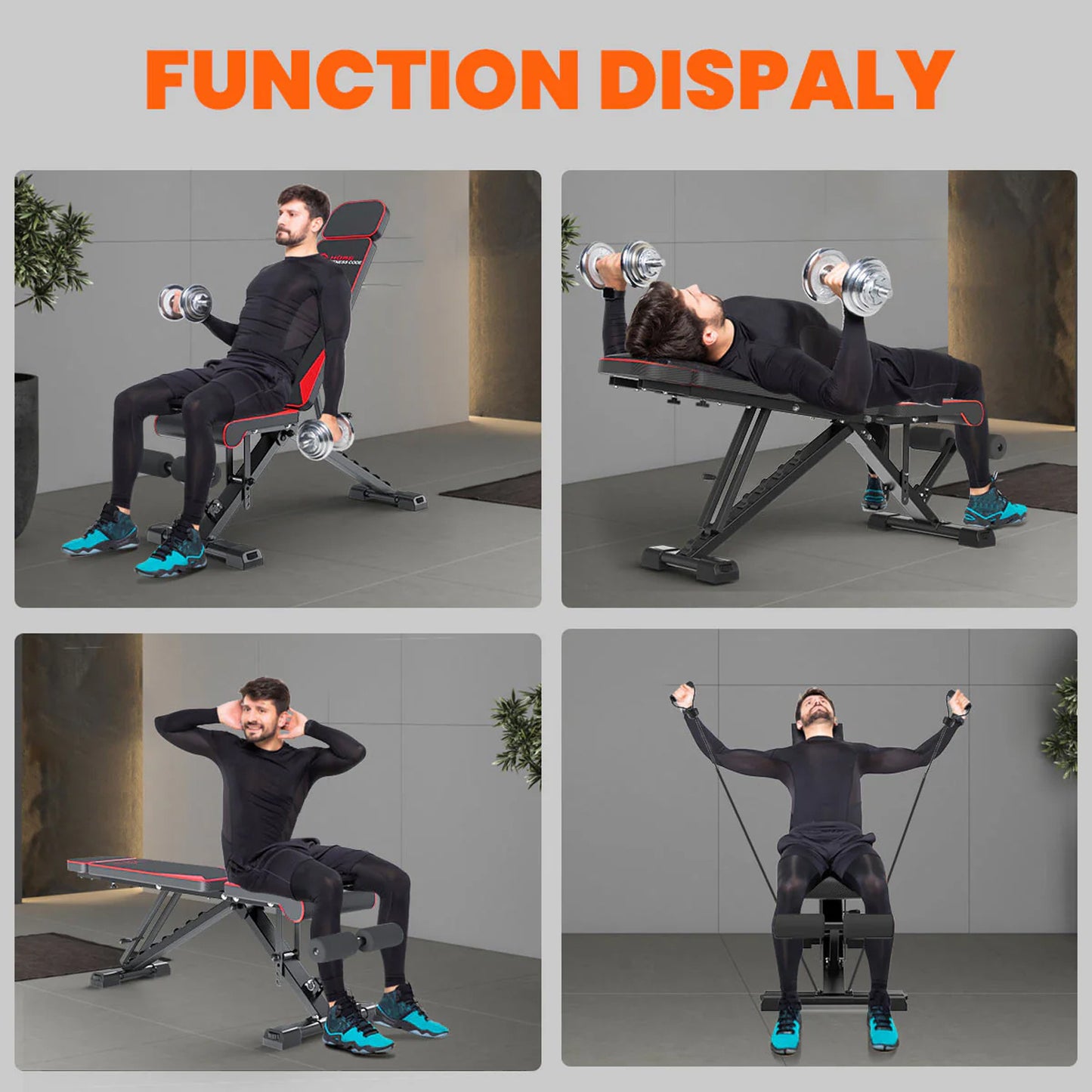 Home Gym Adjustable Workout Weight Bench Folding Exercise Bench 8 Backrest Adjustment for Full Body Exercise with Resistance Bands 300kg High Weight Capacity Sports Supplies