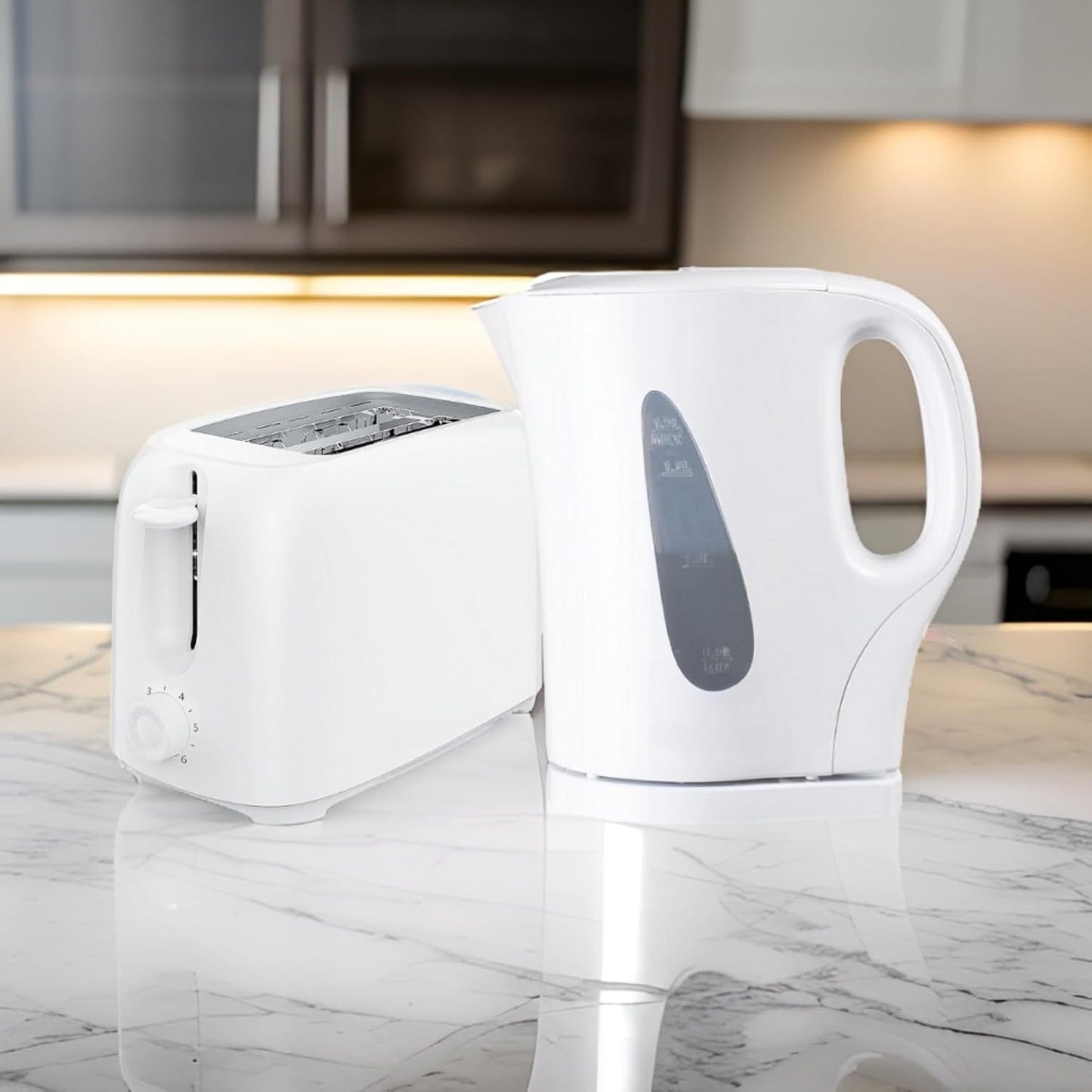 2 PCS Set Kettle & 2 Slice Bread Toaster Kitchen Combo Set | 2200W 1.7L Cordless Jug Kettle Boil Dry Protection & Auto Shut Off | 650W 6 Level with Browning Control & Crumb Tray (Black/White)