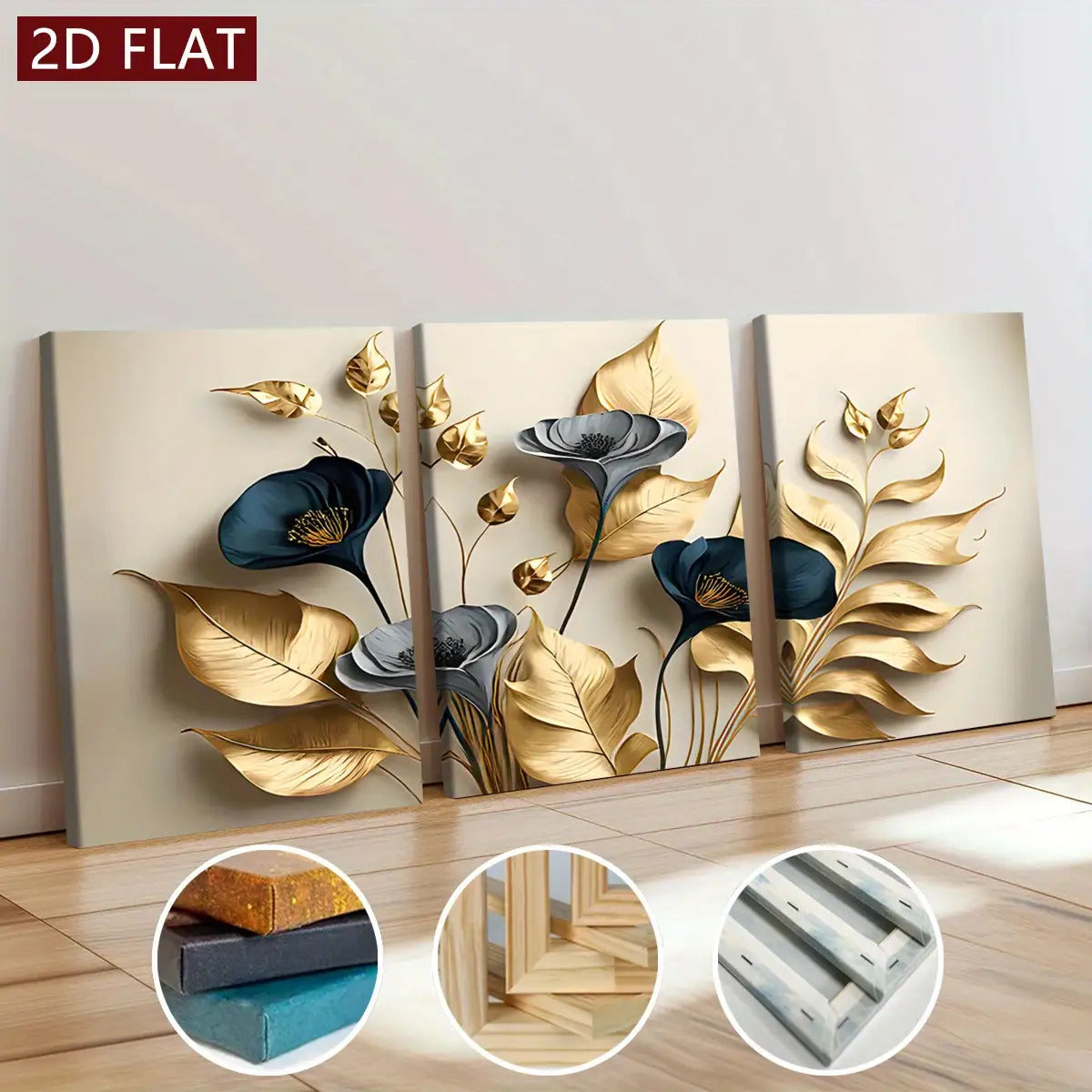 [2D Flat] Three Wooden Frame Canvas Wall Art - Modern Abstract Design Featuring Golden Leaves And Flowers, High-Definition 8K Odorless Indoor Wall Decoration, Suitable for Living Rooms, Bedrooms, And Offices - Contemporary Ho
