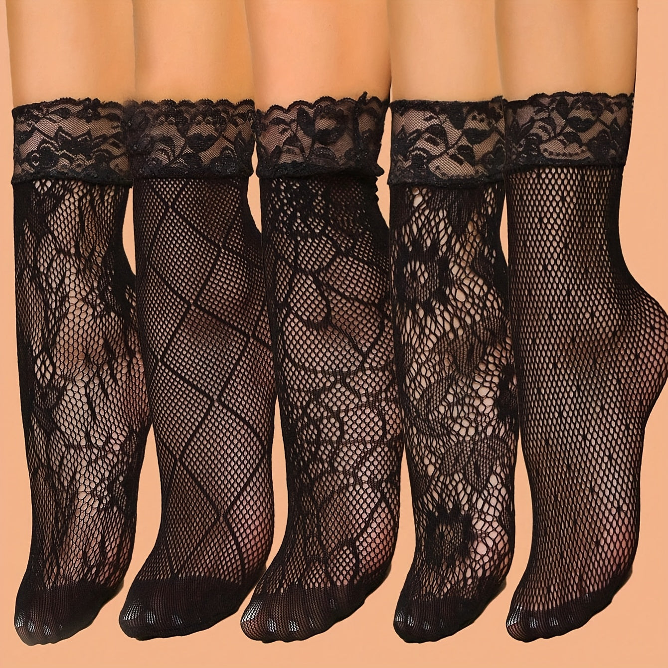 5 Pairs Women's Elegant Floral  Lace Trim Ankle Socks - Breathable Mesh Short Socks for Casual & Formal Wear, Hand Wash/Dry Clean, Cute Socks, Sophisticated Sock Design