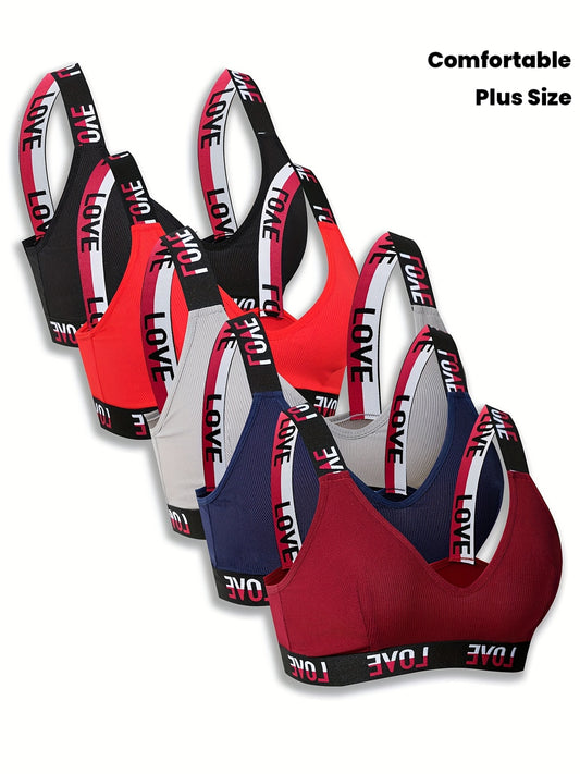 5 PCS Set Comfortable Minimalist Fabric Women's Plus Size Bras | Wireless, Alphabet Pattern, No Padding Tops