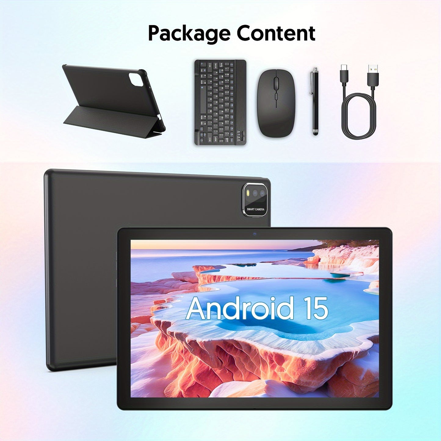 Full Set 10 Inch 2-in-1 Tablet with Keyboard/protective Case/mouse/stylus, Quad Core Android 15 Tablet 12 (3+9 Expansion) GB+64GB+1TB Expansion Tablet, 1280 * 800 IPS Touchscreen Tablet, 2.4G/5G WiFi 6, 2MP+8MP Dual Cameras,