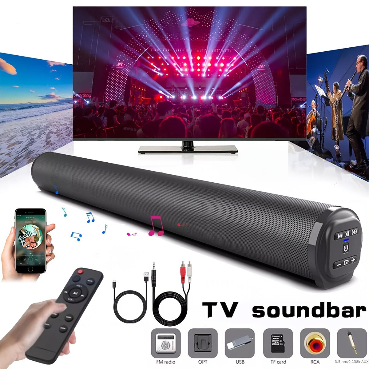 20W High-Power Wireless Soundbar With Surround Sound, Remote Control, Wall Mountable, Supports AUX, TF Card, FM Radio For TV & Home Theater