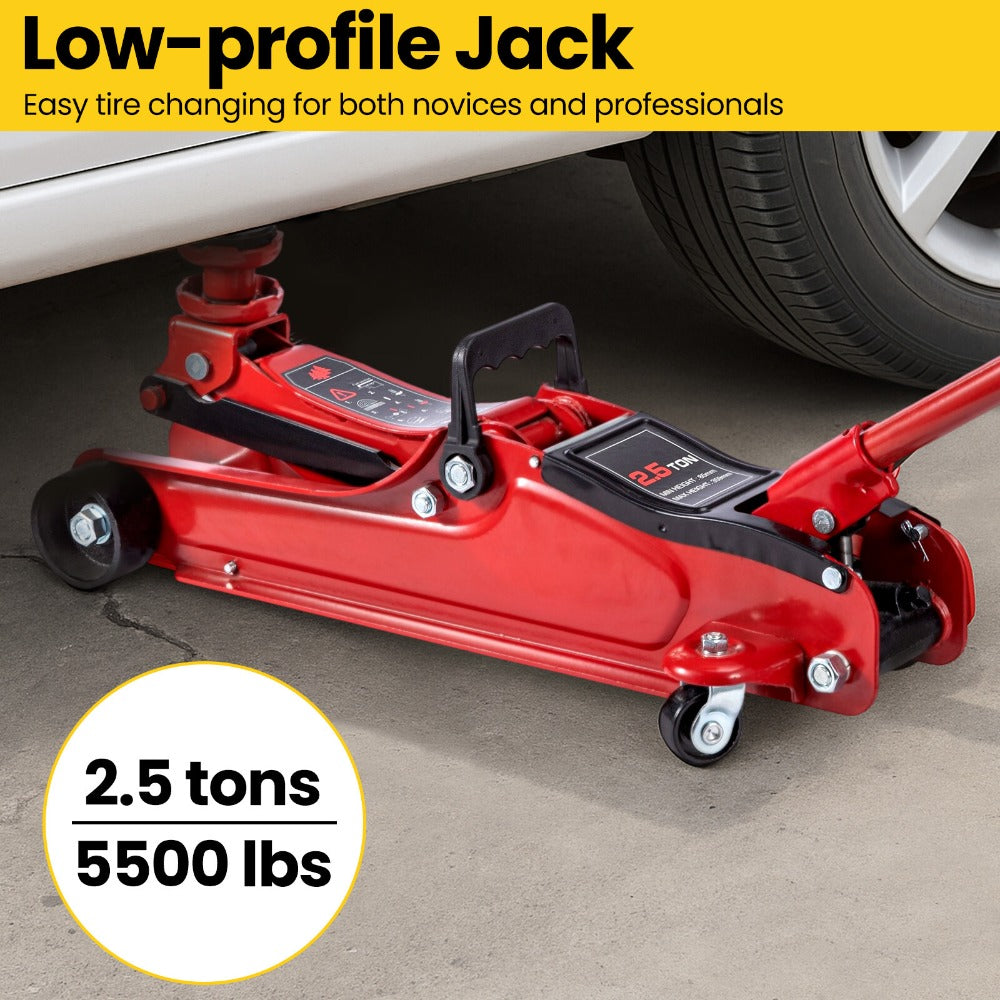 Flat Tire or Mechanical Issues? No Worries, 2.5 Ton Hydraulic Low Profile Floor Jack Heavy Duty Trolley Lift for Car Van Truck Trailer Auto Repairing Garage Tool (Red)