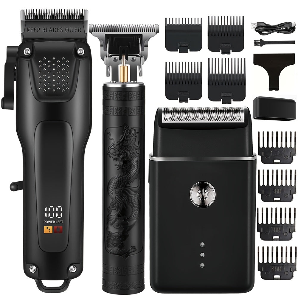 3 PCS Set Men's Professional Hair & Beard Grooming Kit - Cordless Clippers with LED Display, Precision Trimmer Set, USB Rechargeable, for Home Use, Perfect Holiday Gift