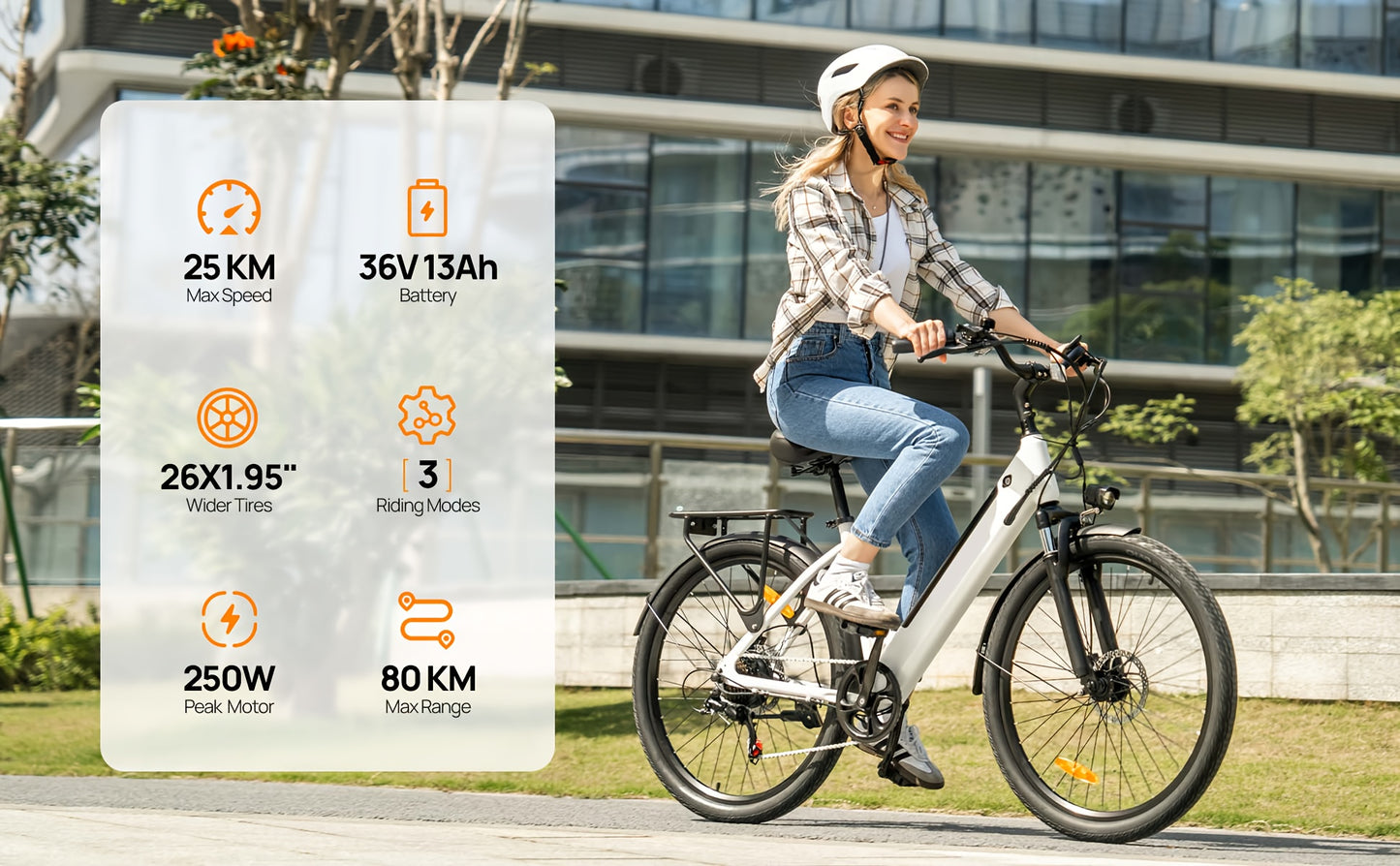 E26 Electric Bike 66.04cm Commuter City E-Bike With 36V 13Ah Battery (60-80 Km Range), 250W Motor, 3 Riding Modes 7-Speed Gears Mid-mounted Dual Airbag Shock Absorbers Perfect For Urban Travel Outdoor Adventures Lightweight D