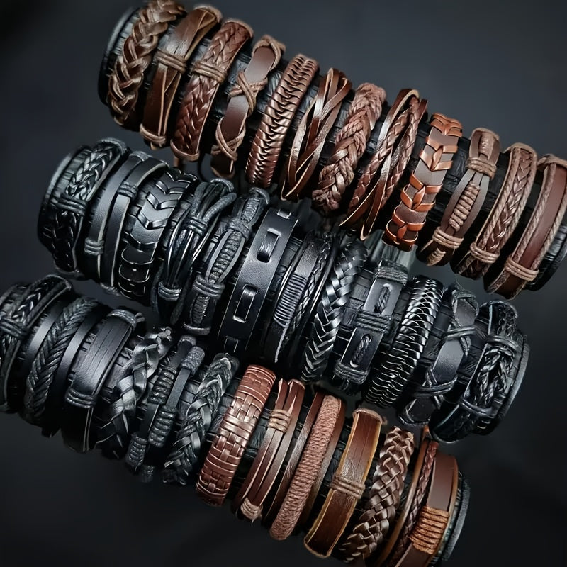 20pcs Handwoven PU Leather Bracelet Set Suitable for Men - Adjustable Retro Bracelets, Handmade for - Wear, Christmas/Halloween/Thanksgiving Gifts (20 Bracelets for Parties, Daily Use & Gifting)