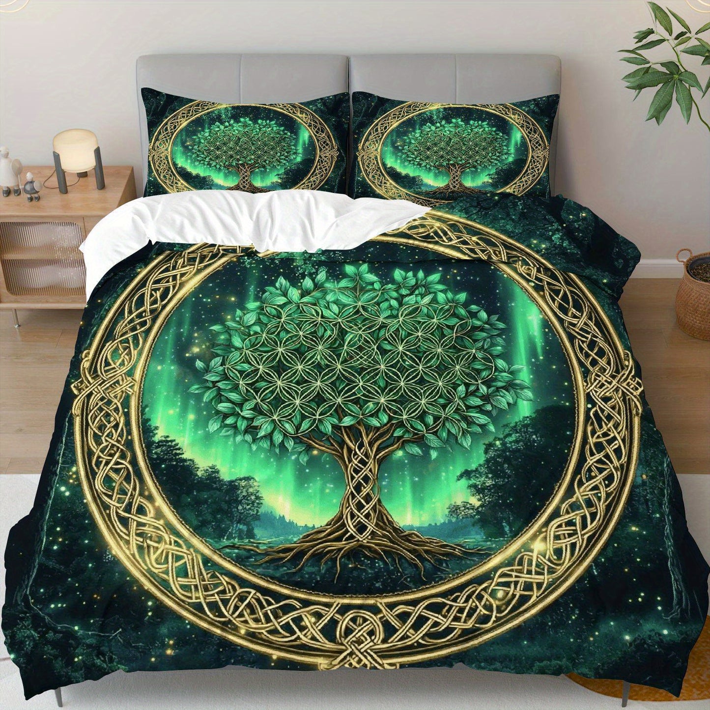3 PCS Set *TREE OF LIFE* Duvet Cover Set, 1 Duvet+2 Pillowcases (Without Filler), Celtic Tree of Life Green Aurora Fantasy Theme, All Season Bedding Set, Mystical Forest Suitable for Decoration Bedroom Living Room Guest Room