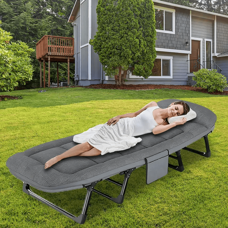 For Beach Camping Cot Large Folding Bed Deck Chair , Lightweight Guest Bed with Adjustable 6 Positions, Comfortable Mattress And Pillows, Breathable Fabric, Portable Durable, Suitable for Outdoor Use