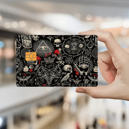 Gothic-Themed Credit Card Sticker Featuring a Black Skull, Pentagram, And Potion Design - a PVC Card Protector Adorned with Gothic Symbols, Designed to Prevent Bubbles, Suitable for EBT, Debit Cards, And Keys