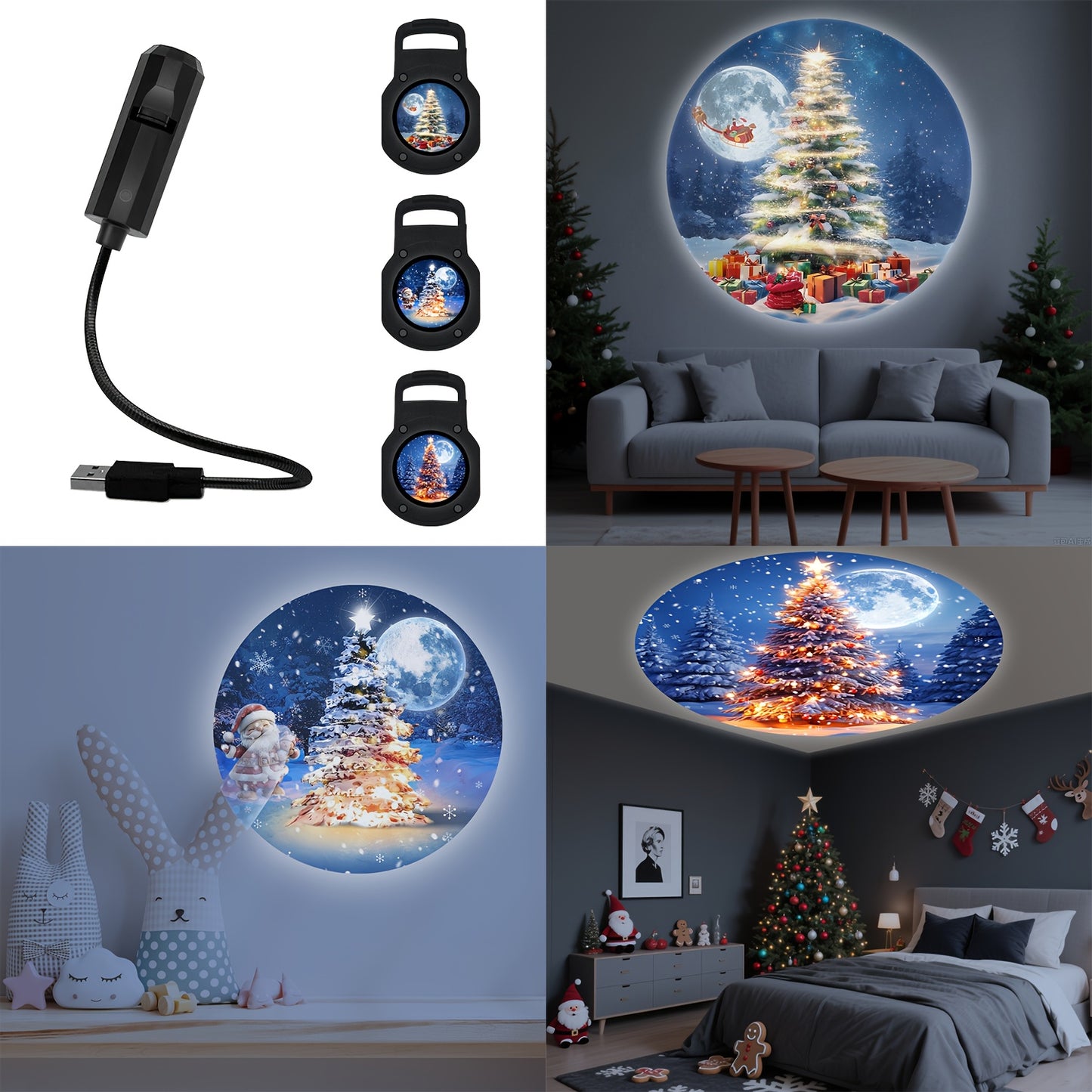 1 light and 3 Christmas picture projector lamp, three light and shadow can be changed, USB plug and play atmosphere light, suitable for ceiling wall background decoration light, 360 ° rotatable Christmas holiday projector, b