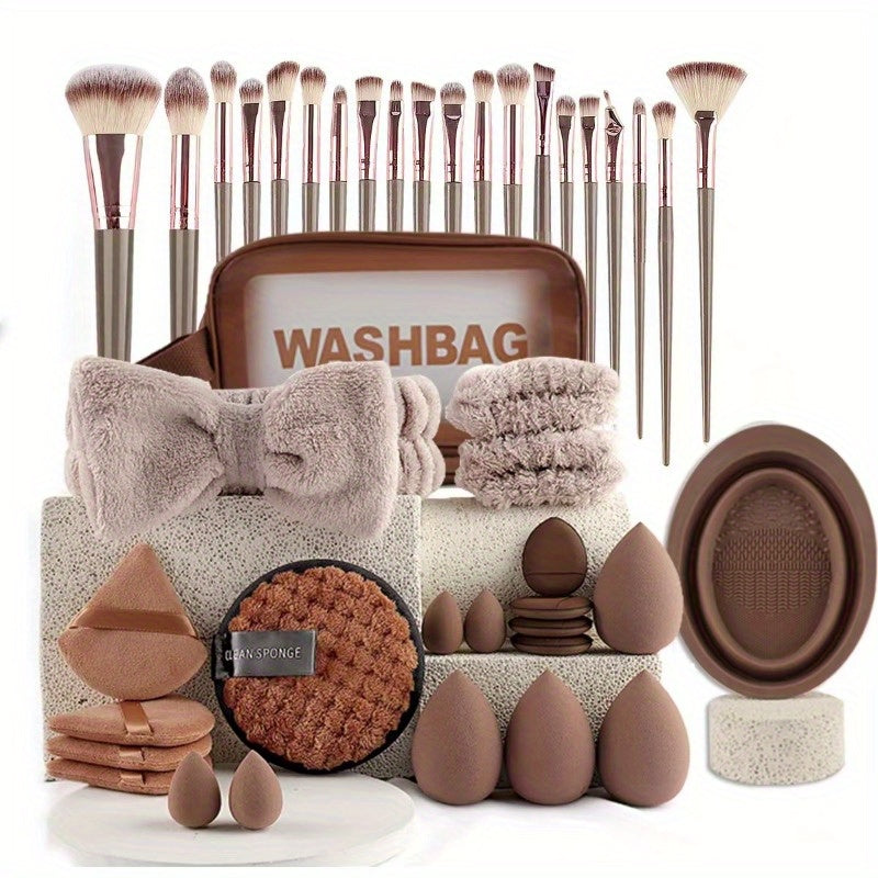 42pcs/set Face and Eye Makeup Brush Set Including 20 Brushes, Headbands, Bracelets, Large and Mini Beauty Sponges, Fan and Thumb Puffs, and A Makeup Brush Cleaning Bowl and Makeup Bag