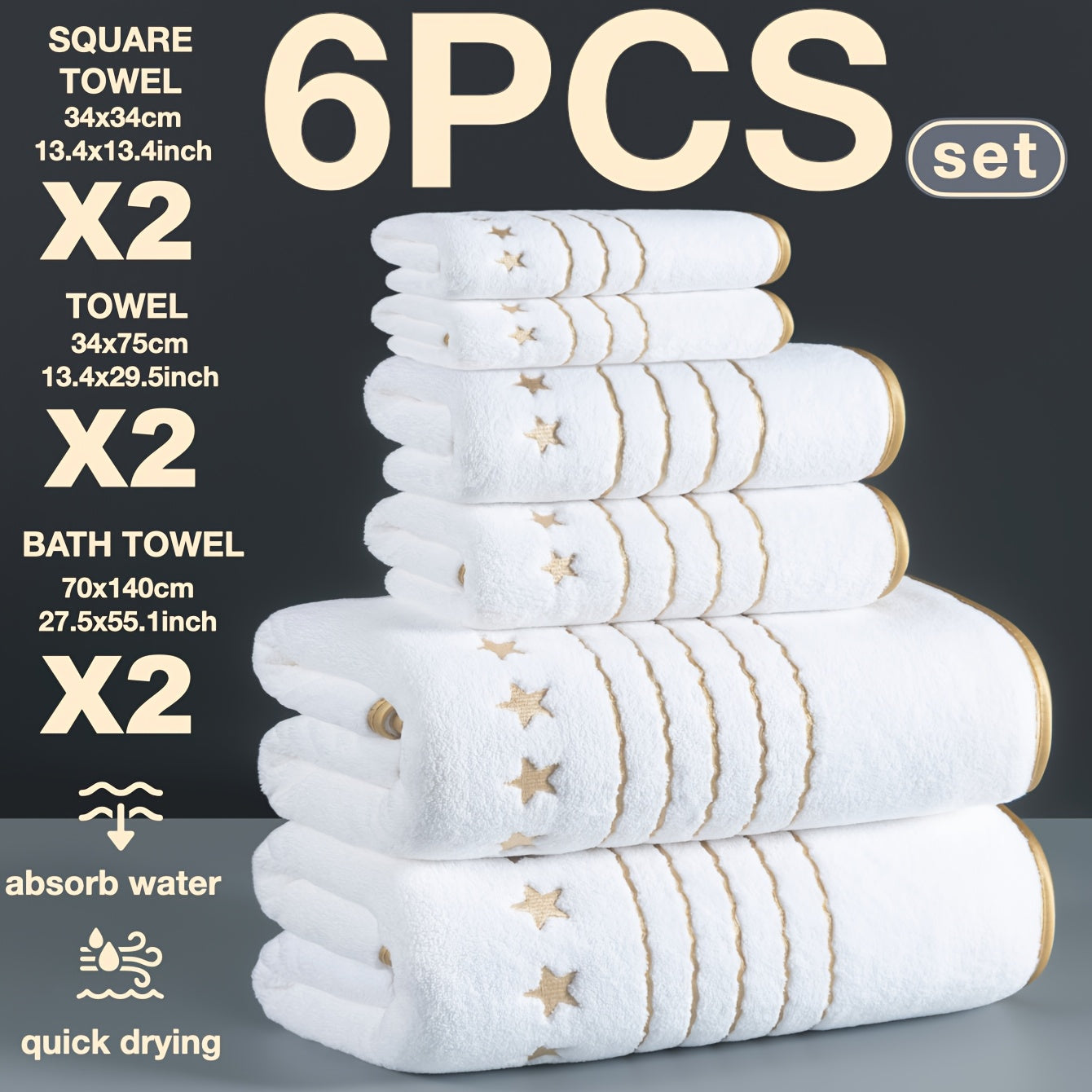4/6-PCS Set Ultra-Soft Golden Thread Light Luxury Five-Star Embroidered Towel Bath Towel Set, 2 Bath Towels 69.85 X 139.95 cm, 2 Hand Towels 34.04 X 74.93 cm, 2 Washcloths 34.04 X 34.04 cm, Perfect for Home, Hotel, and Spa Us