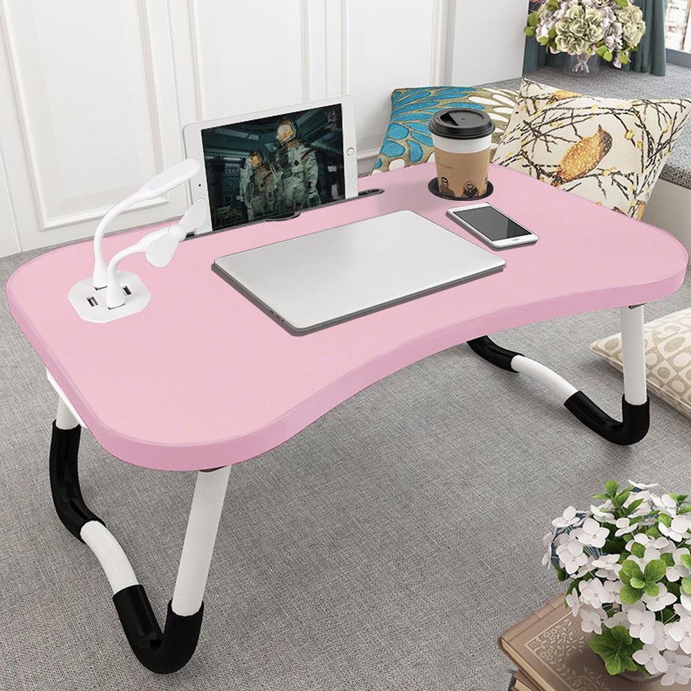 NEW Arrivals Modern Design Folding Laptop Desk with Cup Holder & Tablet Slot - MDF Board & Metal Frame, Anti-Slip Stable for Work/Bed/Dining, Pink, 60×40×26cm