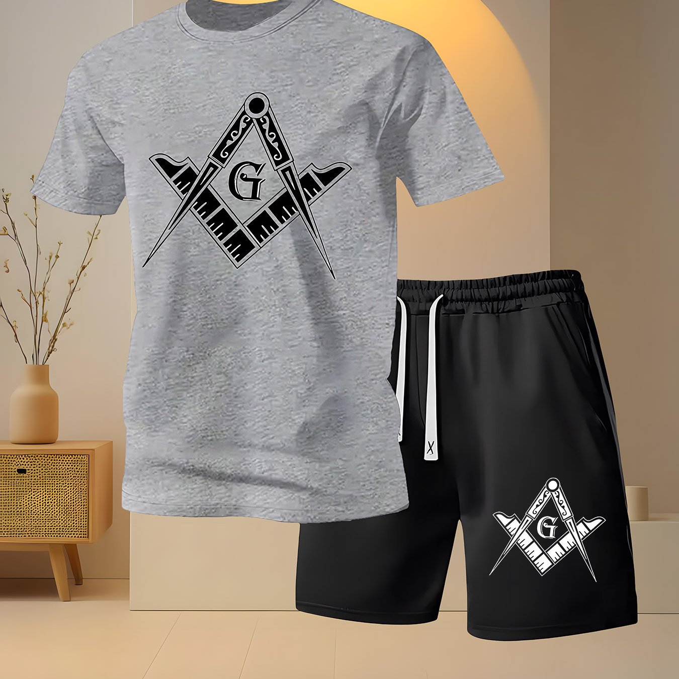 2 PCS Set Freemasonry Logo Print Men's Fashion Casual, Round Neck Short Sleeve T-Shirt and Drawstring Shorts Spring Summer Sportswear Outfit