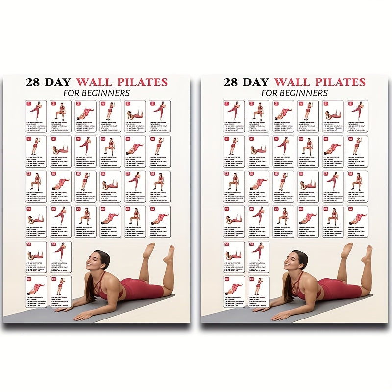 NEW 2 PCS Set 28 Day Wall Pilates for Beginners Yoga Guide with Step-by-Step Illustrations, Ideal for Home, Gym, Studio Decor, Bedroom & Study Room, Beginner Yoga Guide |Educational Wall Art, Pilates Equipment