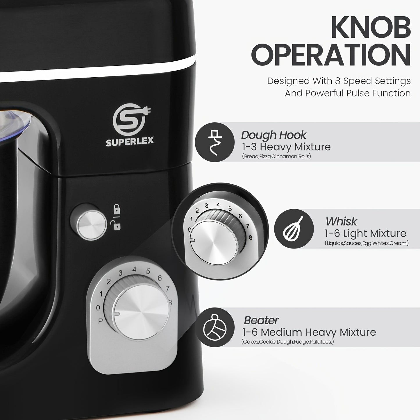 3-in-1 Stand Mixer 5L 1300W 8-Speed Kitchen Machine with Pulse, Stainless Steel Dough Hook Whisk & Eggbeater Attachments, Energy Class A+++ for Baking Cakes Bread, Black, Baking Essentials, Ergonomic Handle, Reliable Performa