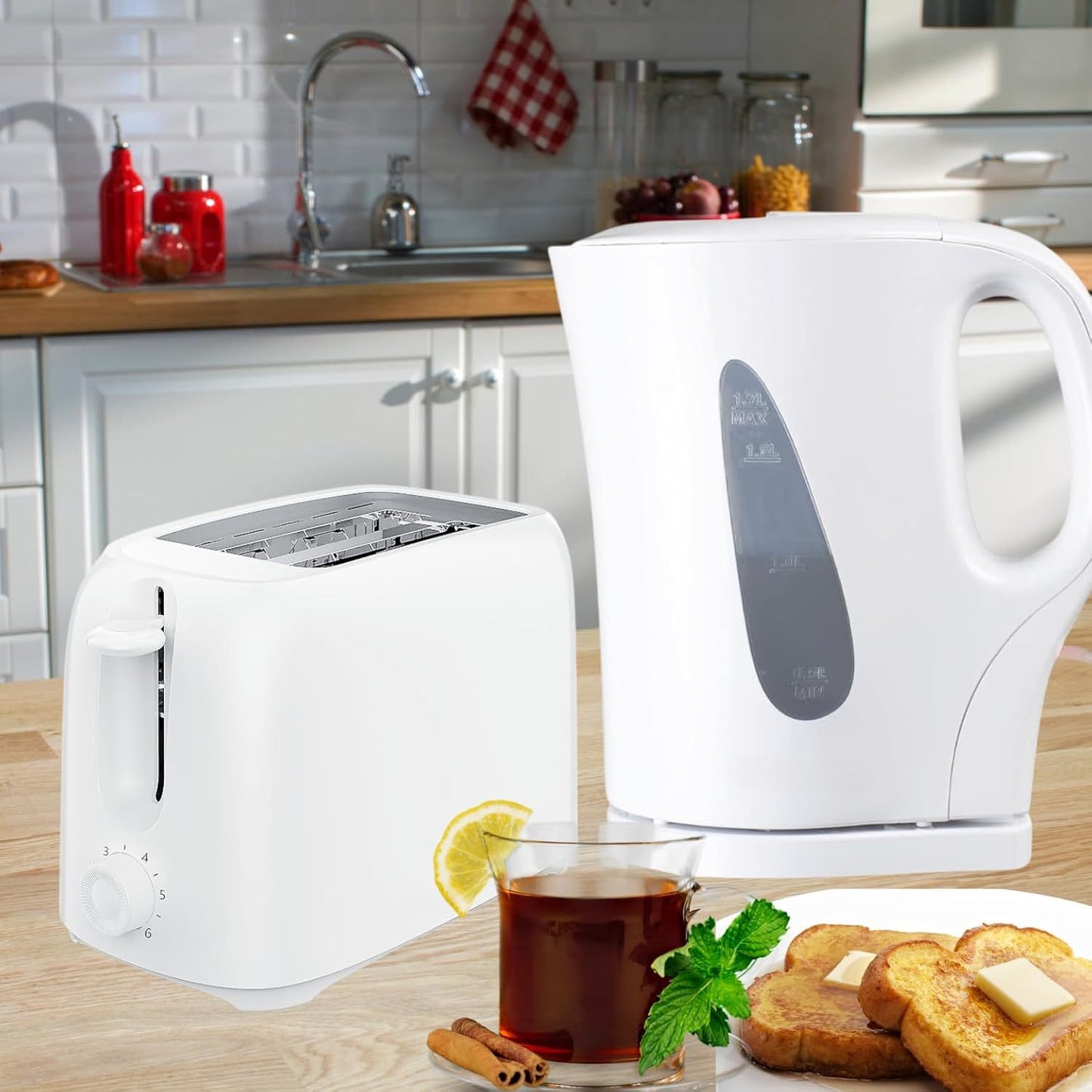 2 PCS Set Kettle & 2 Slice Bread Toaster Kitchen Combo Set | 2200W 1.7L Cordless Jug Kettle Boil Dry Protection & Auto Shut Off | 650W 6 Level with Browning Control & Crumb Tray (Black/White)
