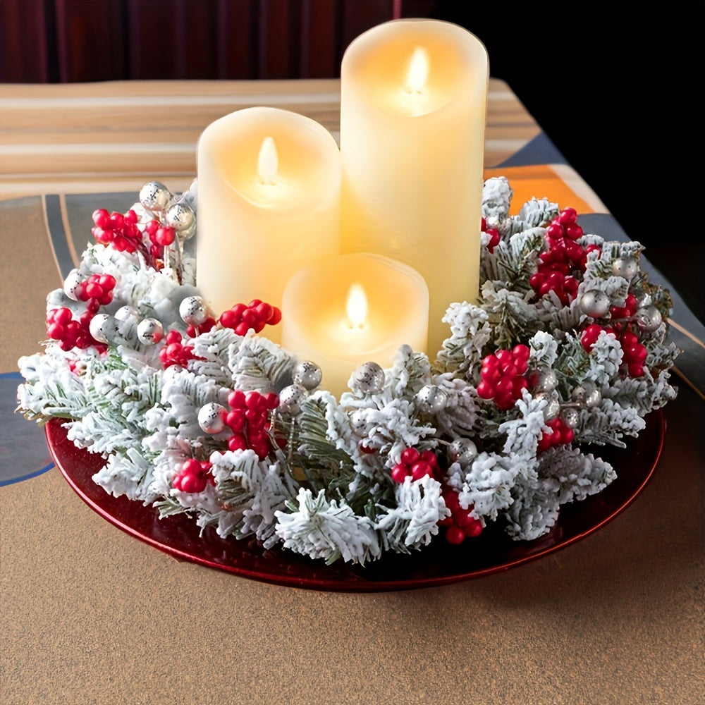 Christmas Wreath with Holly and Berries, Plastic Tabletop Candle Holder, No Electricity Needed, Ideal for Holiday and Home Decor, Festive Table Centerpiece|Wreathed Candle Holder|Plastic Wreath, Candle Holder Decor