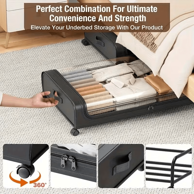 2 Sets, Underbed Storage Box, with Wheels Lid, 48L Metal Frame, Bed Box, Organizer, Storage Bag, Foldable Underbed Box for Clothes, Shoes, Blankets, Bedding, Home Furniture Supplies