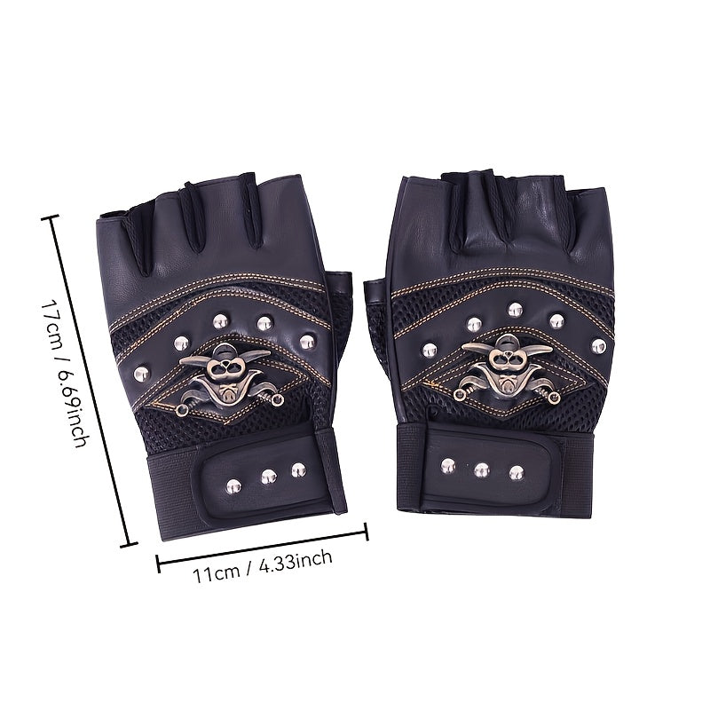 Gothic Scull Skeleton Outdoor Sports Gloves, Skull Half-Finger Gloves, Pirate Gloves,  Rivet Women Men's Sports Gloves