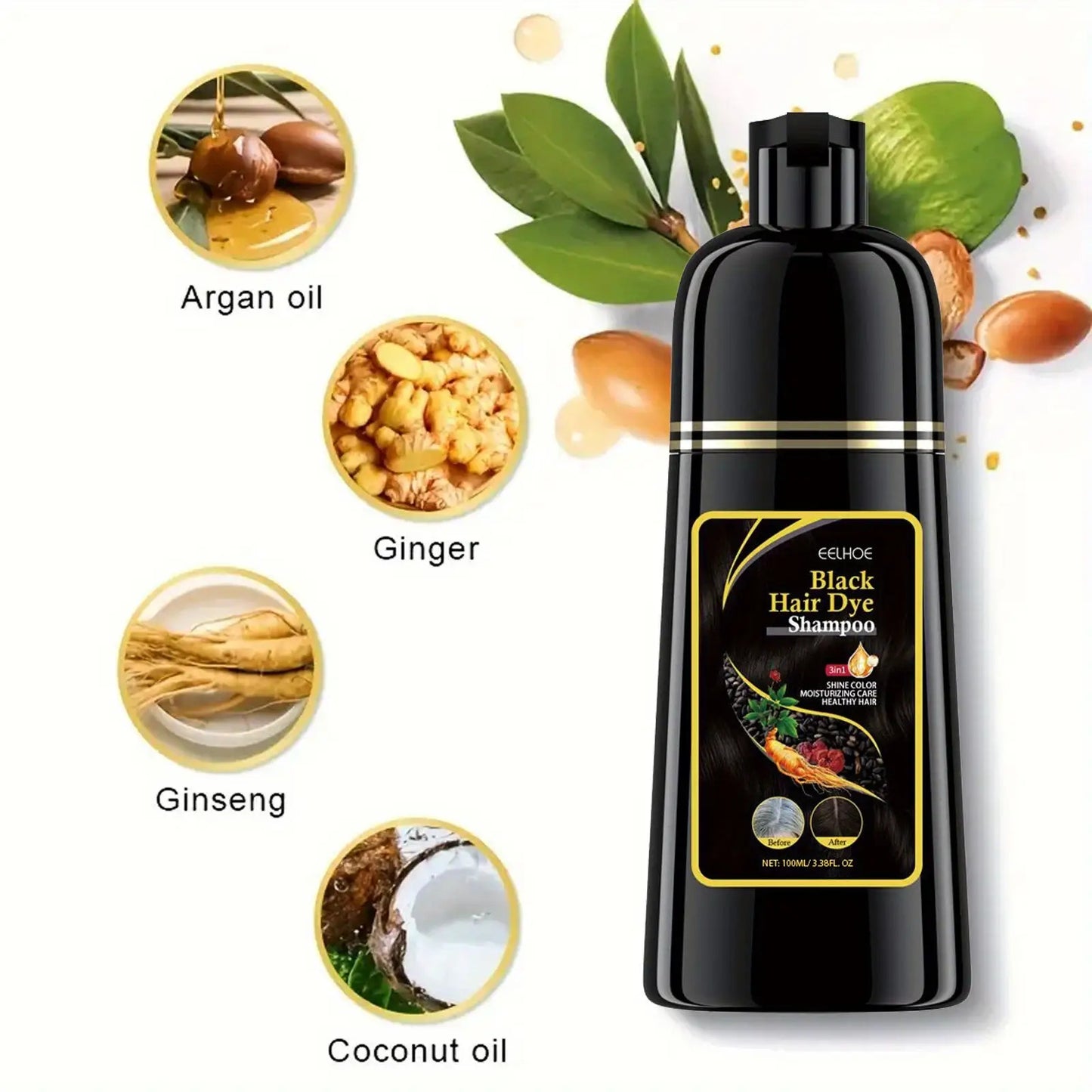 3-in-1 Black Hair Dye Shampoo Bottle, Using Natural Plant Pigments, Suitable for Both Men and Women, Color Changing Shampoo, Quick Gray Coverage, Natural Formula, Plant-Based Hair Care, Dual-Use Shampoo, Essential Hair Care P